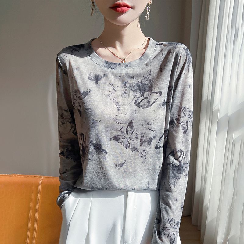 Women's Summer Knitwear Thin Print Pullover Knit Top Long Sleeve Sweater