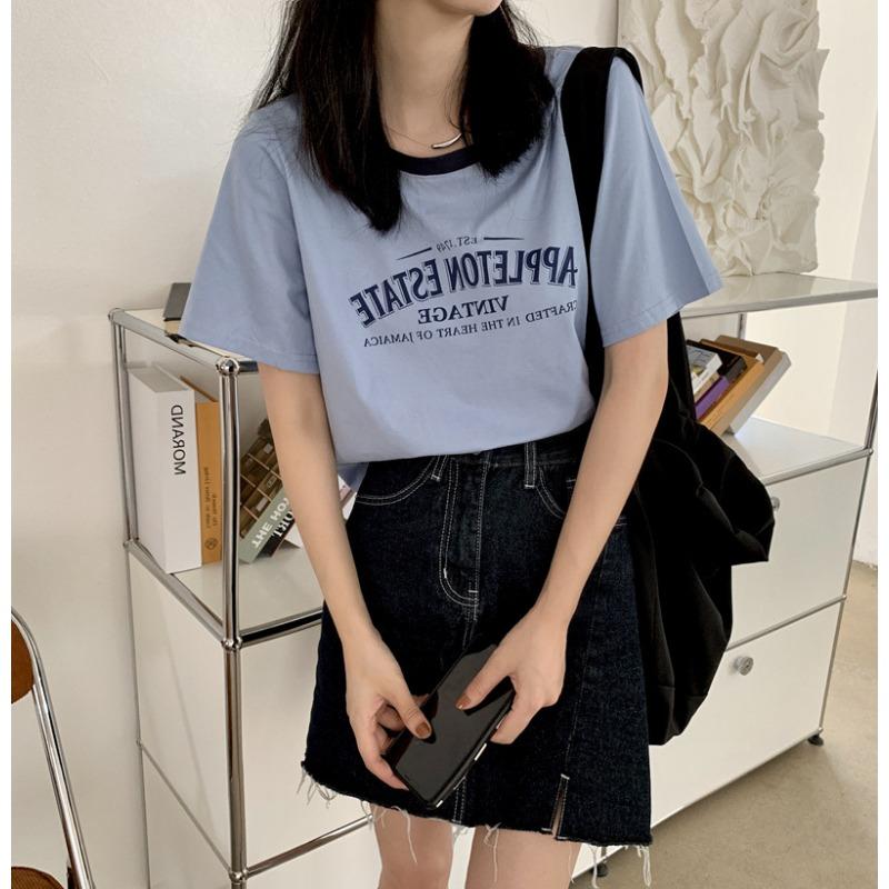 Contrast Color Round Neck Short Sleeve T-shirt for Women's Summer Letter Printing Loose Short Retro Student Top