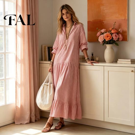 Loose Women Dress Striped Long Sleeve Dress, V-Neck Collar Maxi Shirt Fit for Summer Autumn, Breathable Casual Ladies