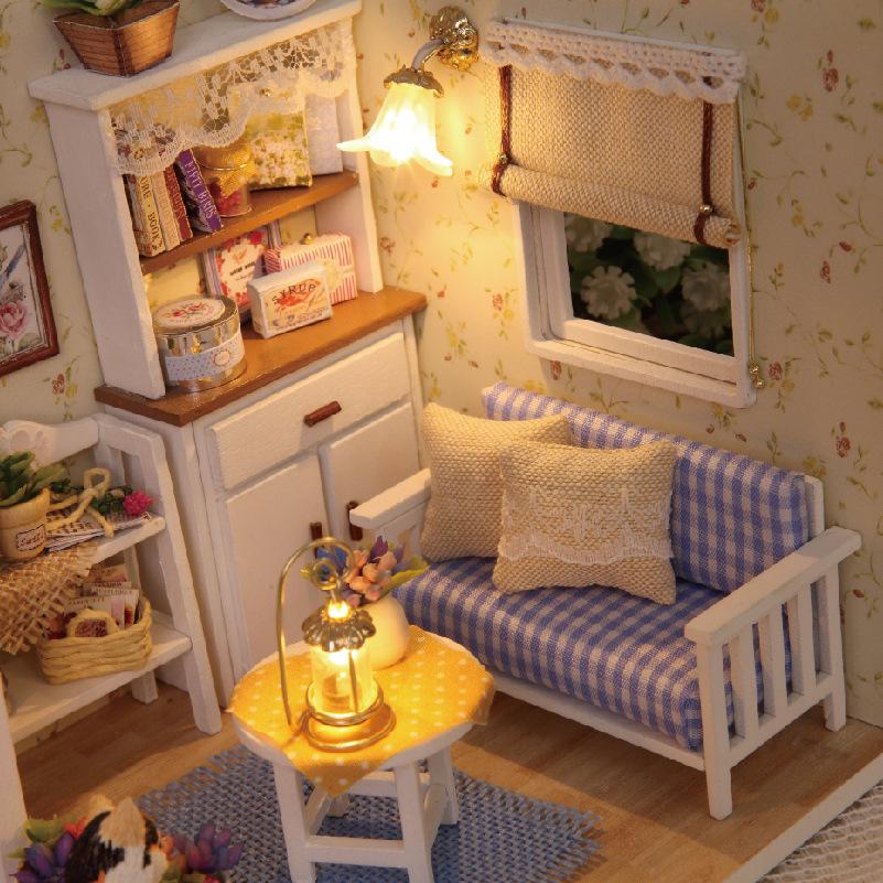 DIY Puppenhaus aus Holz, handgefertigter Miniaturbausatz, LED-Wohnzimmermodell und alle Möbel