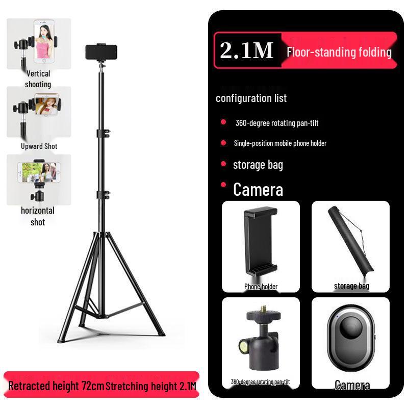 Mobile Phone Live Streaming Selfie Stand Holder, Adjustable 1.7m/2.1m Floor Tripod for Video Shooting, TikTok & Kuaishou