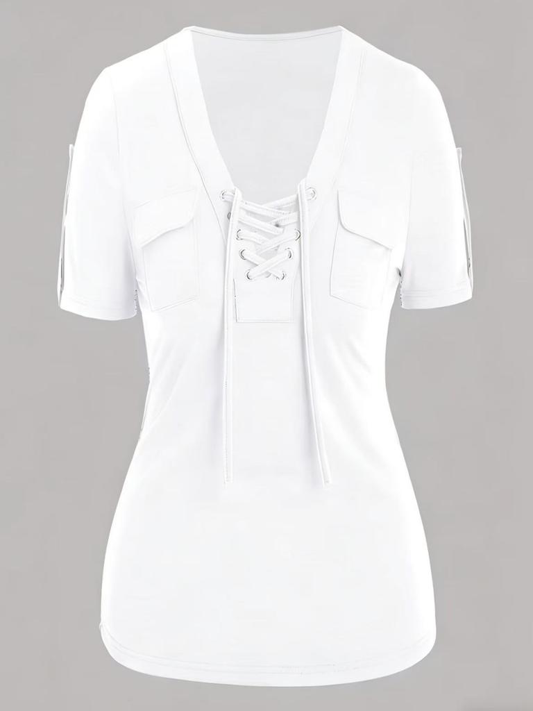 Women S Casual Short Sleeve V Neck Lace Up Solid Color T Shirt