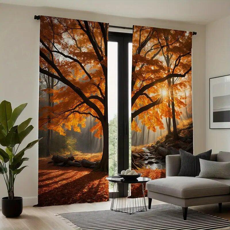 2pcs - Autumn forest pattern printed curtains   window decorations   home decorations   room decorations