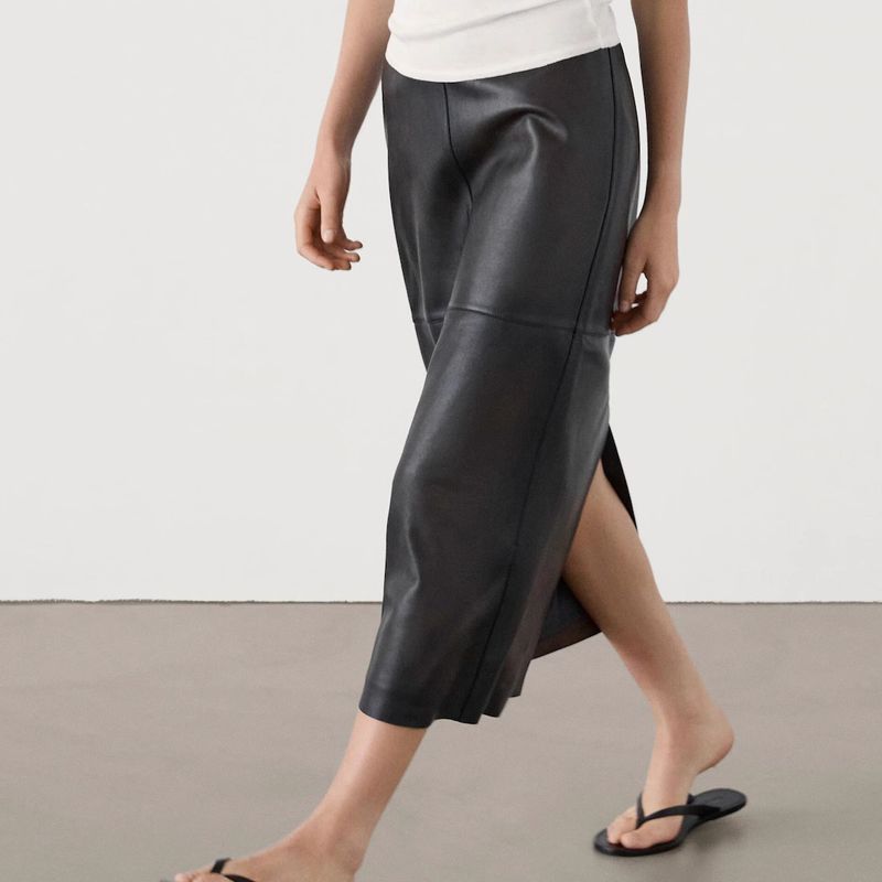 Spring New Fancy Black Stitching Poly Urethane Leather Back Slit Mid-Length Half-Length Straight Skirt 5306836