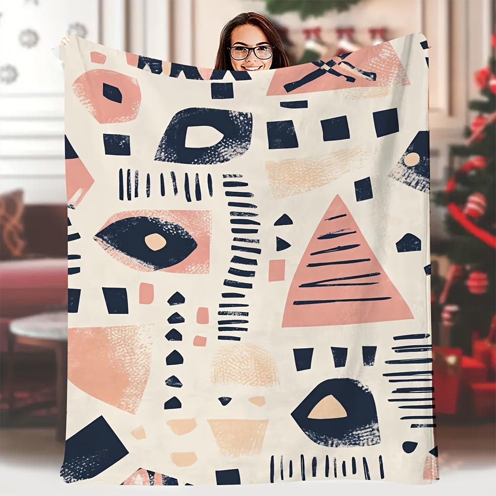Extra Large Blanket - Super Soft Flannel All-Season Throw with Moroccan Azilal Design in Pastel Pink, Navy, Beige - Extra Large 75x90cm28x35in