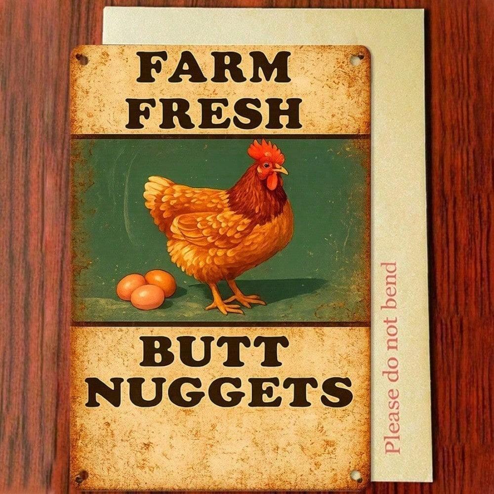 1pc Farm Fresh Butt Nuggets Tin Sign, Humorous Chicken Metal Wall Art, Funny Vintage Farmhouse Decor for Living Room