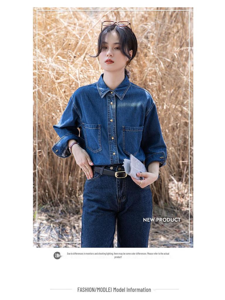 Petite Retro Dunkelblaues Denim-Langarmhemd zum Lagenlook - Herbst- & Winter-Pendlerstil