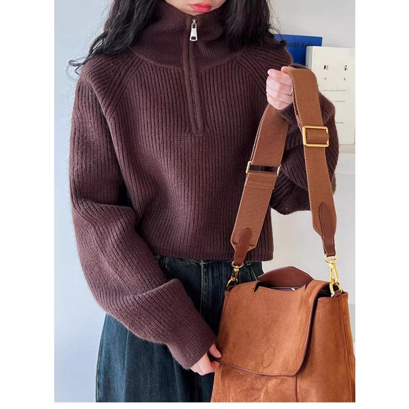 Fashion Autumn Winter Semi-turtleneck Zipper Women Knitted Sweater Long Sleeve Loose Short Tops New Solid Color Office Casual Simple Clothing