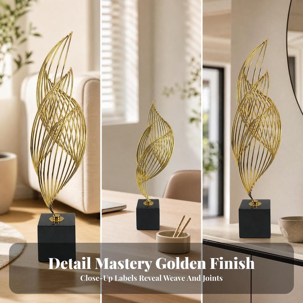 Geometric Leaf Sculpture with Square Base Sturdy for Shelf Display, Office
