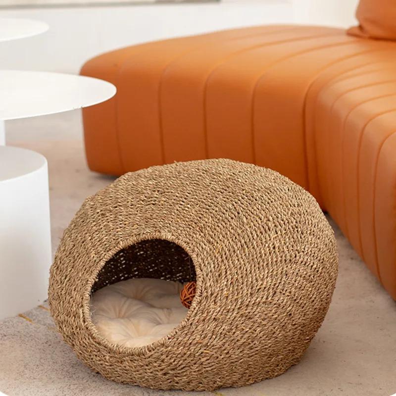 Seaweed Woven Kitten Bed Wear-Resistant Scratch Cat House Practical Versatile Cat Tent All-Season Available for Pet Furniture