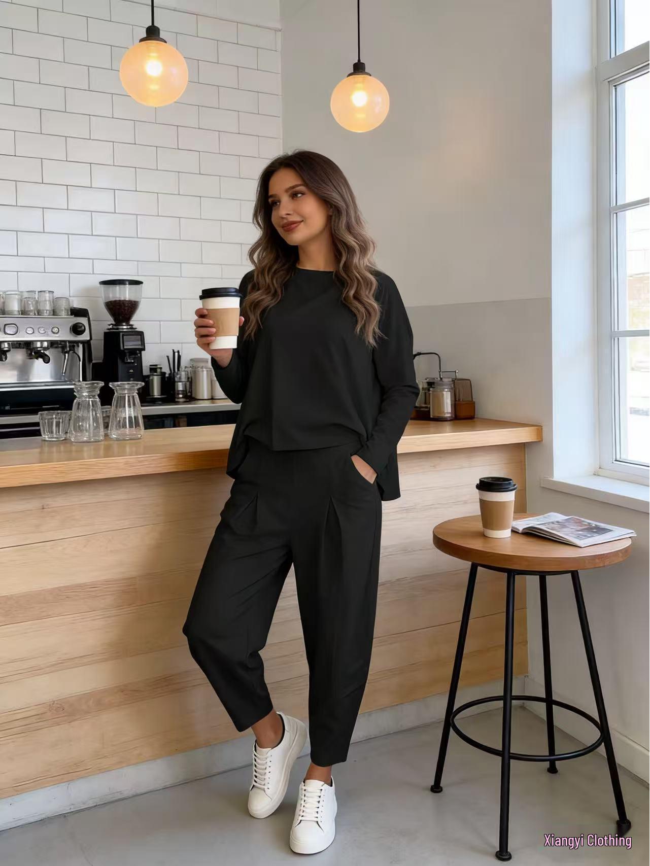 

European and American Women s Solid Color Hoodie and Harem Pants Casual Set S чорний
