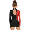 Girls Gymnastics Leotard Mock Neck Mesh Sleeve Rhinestone Color Block Dance Shorts Headband Set