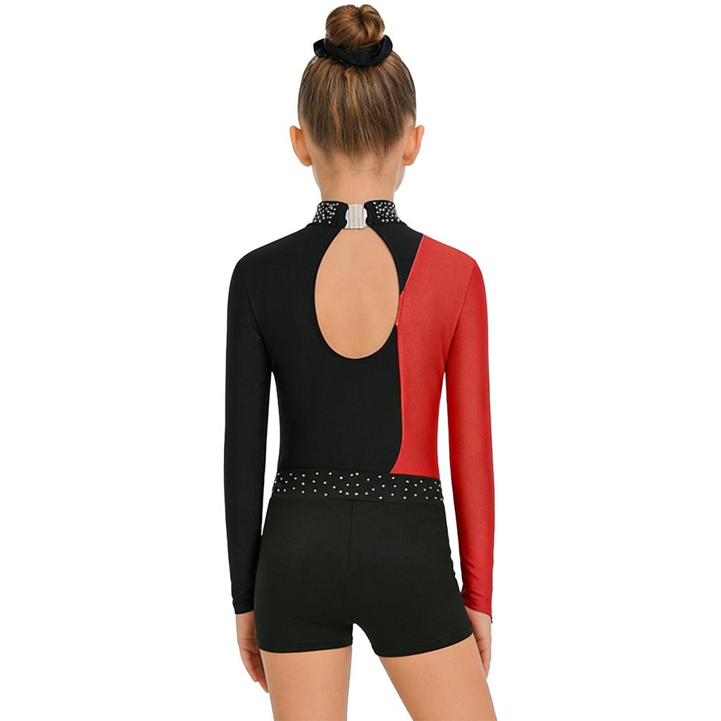 Girls Gymnastics Leotard Mock Neck Mesh Sleeve Rhinestone Color Block Dance Shorts Headband Set