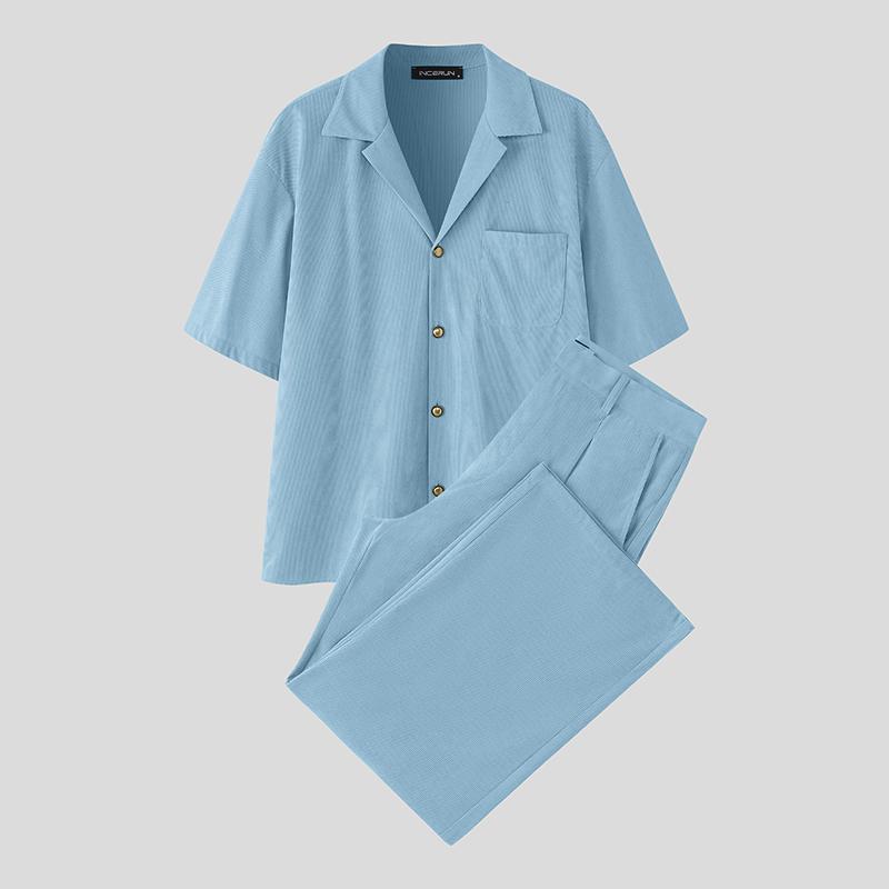 INCERUN 2PCS Men Lapel Neck Corduroy Short Sleeve Shirt Long Straight Pants Sets Outfits