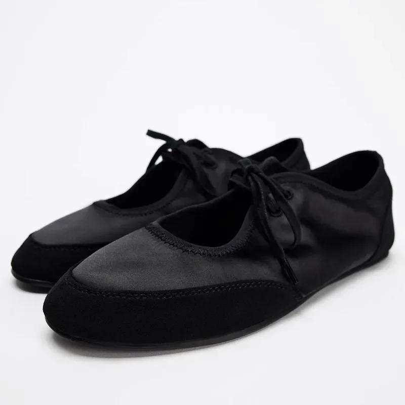 Fashion 2025 Autumn Outside Women Ballet Flats Lace Up Black Satin Shallow Casual Loafers Comfortable Soft Sole Designer Ladies Shoes