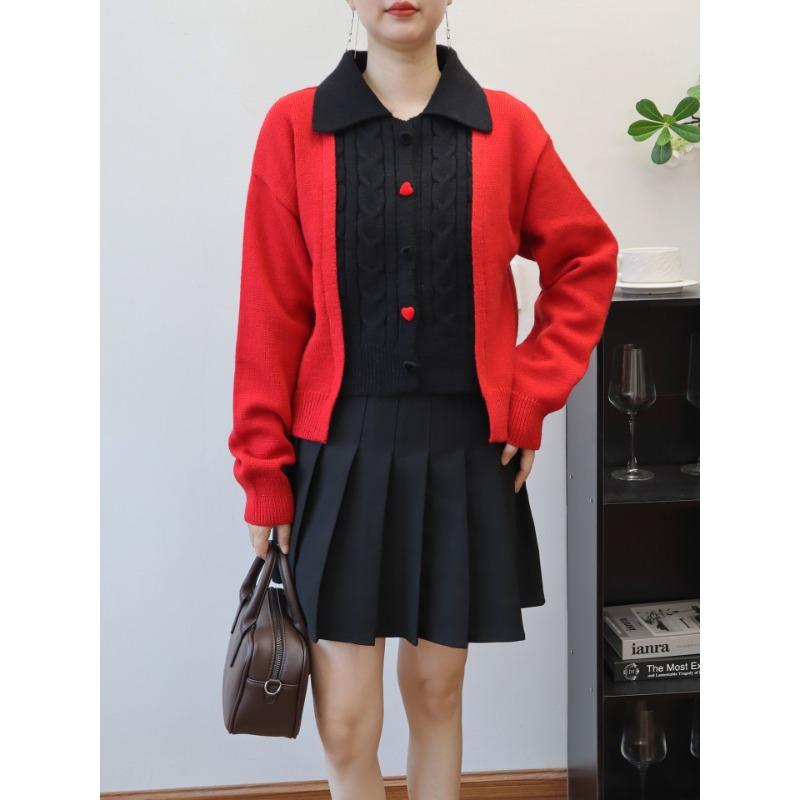 

Autumn and winter new splicing contrasting color design sense knitted cardigan lapel temperament sweater jacket women one size fits all красный