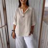 European And American Style Summer New Loose Casual T Shirt Women's V Neck Cotton And Linen Button Top