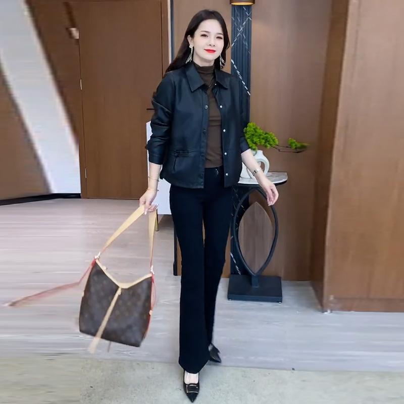 Kurzjacke aus Leder für Damen Herbst neu trendig modisch locker schlank vielseitig PU-Leder vielseitige Lederjacke trendig