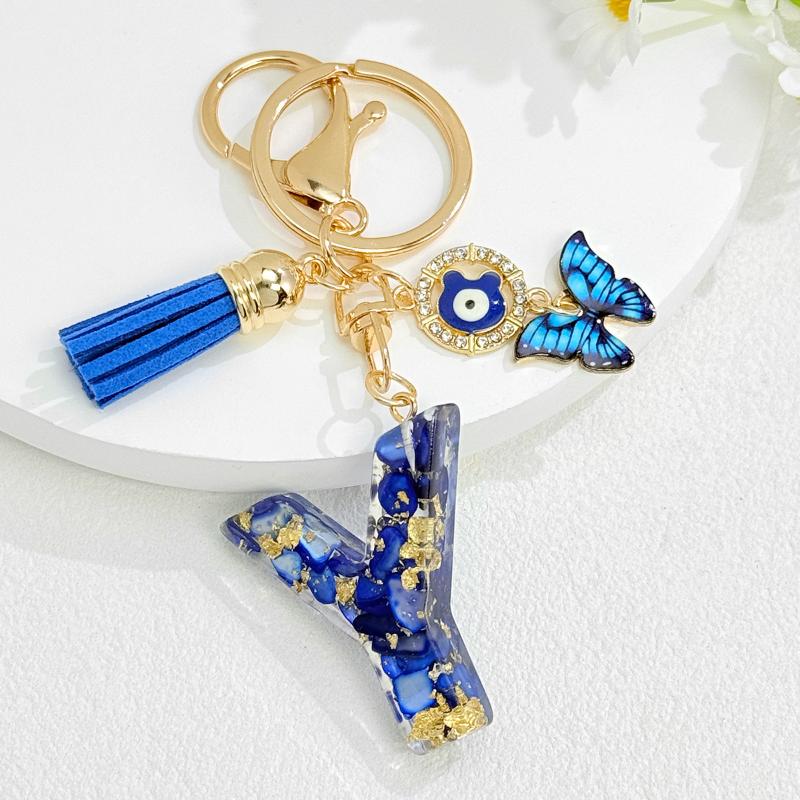 Fashion Blue Glazed Stone A To Z Letter Keychain 26 Initials Alphabet Butterfly Tassel Pendant Car Keyring Women Jewelry Gifts