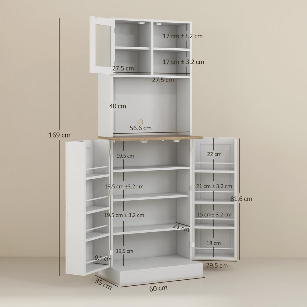 Kitchen Microwave Cart with Open Shelves and Cabinet with Spice Rack, 60x35x169 cm, White