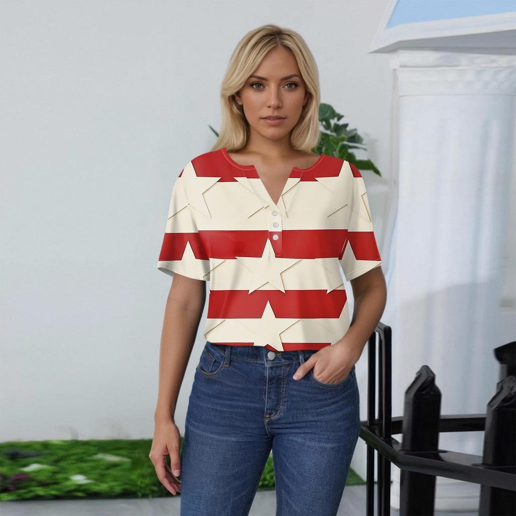 Women's T Shirt Tee Print Button Short Sleeve Daily Weekend Fashion Basic V- Neck Regular Top