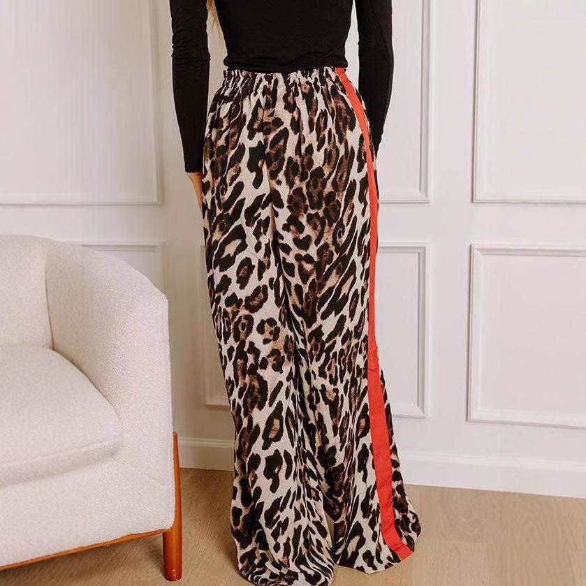 Leopard Print Patchwork Wide-Leg Women's Trousers
