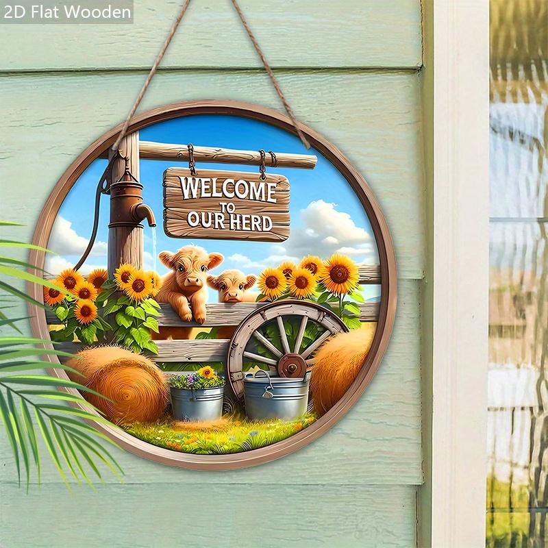 Wooden Welcome Sign with Highland Cattle & Sunflowers Design - Rustic Decorative Plaque for Farmhouse, Front Door Decor - Ideal gift for Family