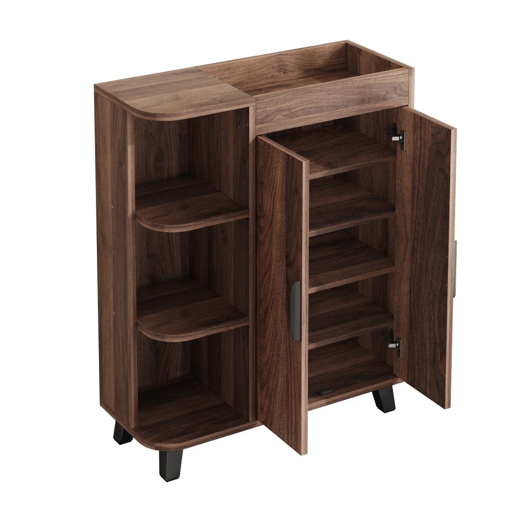 Narrow Shoe Cabinet, Double-Door, Shoe Rack with Open Compartments, Wood Look, Multi-Purpose Cabinet for Hallway, for Small Spaces, with Top Shelf