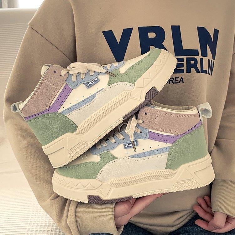 High-Top Board Shoe Women's  Autumn and Winter New Rubber Soft Bottom Leather Color Matching Fashion Women's Casual Sneaker Mixed Batch