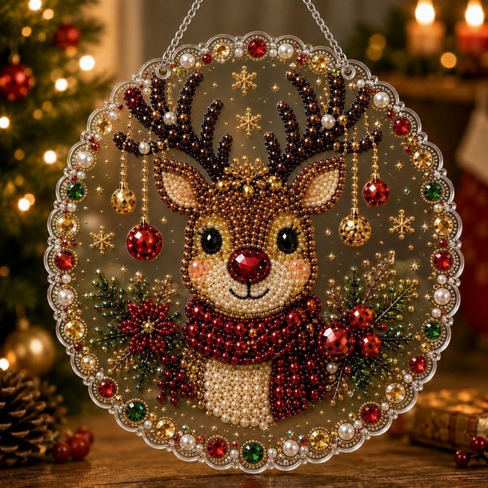 5D Christmas Diamond Painting Set Acrylic Round Board Xmas Acrylic Pendant Pearl Painting Kit Gift