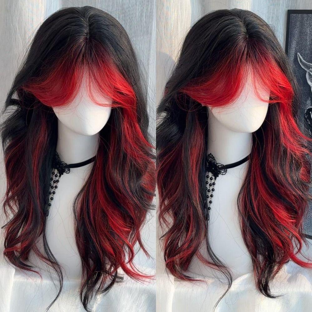 Mittelscheitel Schwarzes Ombre Rotes Gestuftes Haarteil Halloween Lolita Cosplay Perücken für Damen