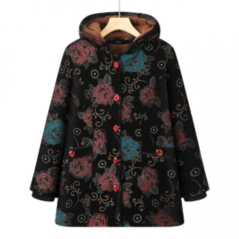 New winter cotton-padded jacket with fleece thermal hooded jacket, old lady cotton-padded jacket long