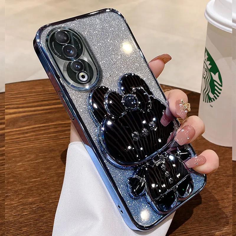 bracket Case For Honor 90 Glitter Mirror Rabbit Holder Soft Case for Honor 90 70 50 Magic5 Lite Pro X8 Shockproof Cover
