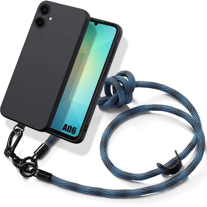 Case for Samsung Galaxy A06, Shockproof Black Silicone Protection with Sturdy Blue Cord