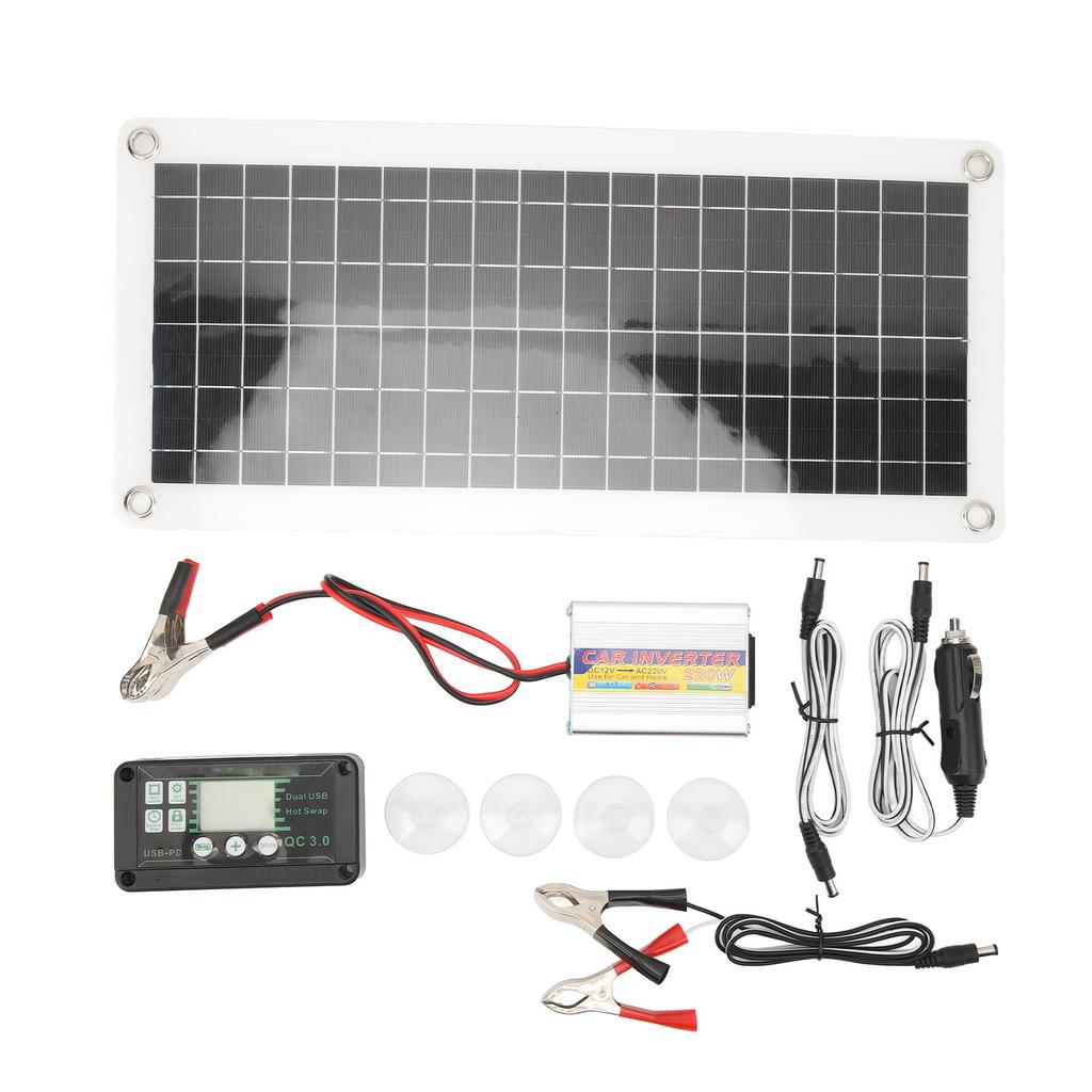 Solar Power Kit with 220W Inverter 10A Controller Polysilicon 30W Overvoltage Protection for 12V Car