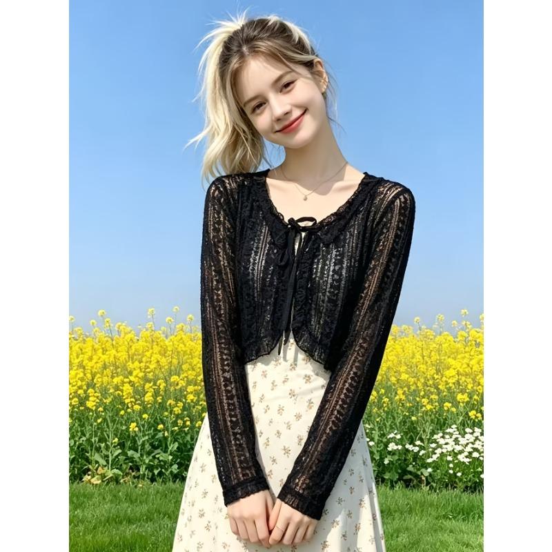 Women's Cardigan Jacket, Summer Lightweight Breathable Lace Tie Shawl, Fashionable Versatile Short Cardigan Jacket, Outerwear for Slip Dresses
