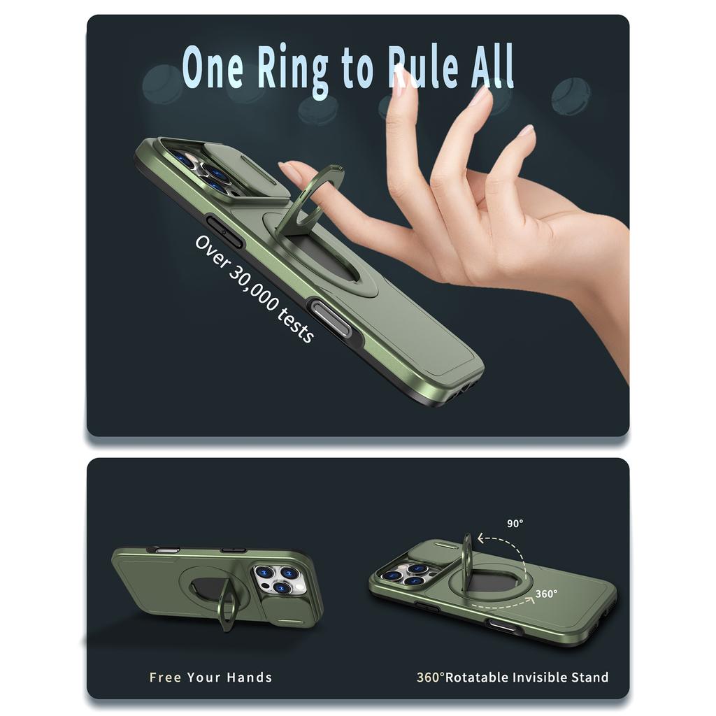 For iPhone 16 Pro Magnetic Phone Case TPU+PC Cover with Kickstand and Slide Lens Lid