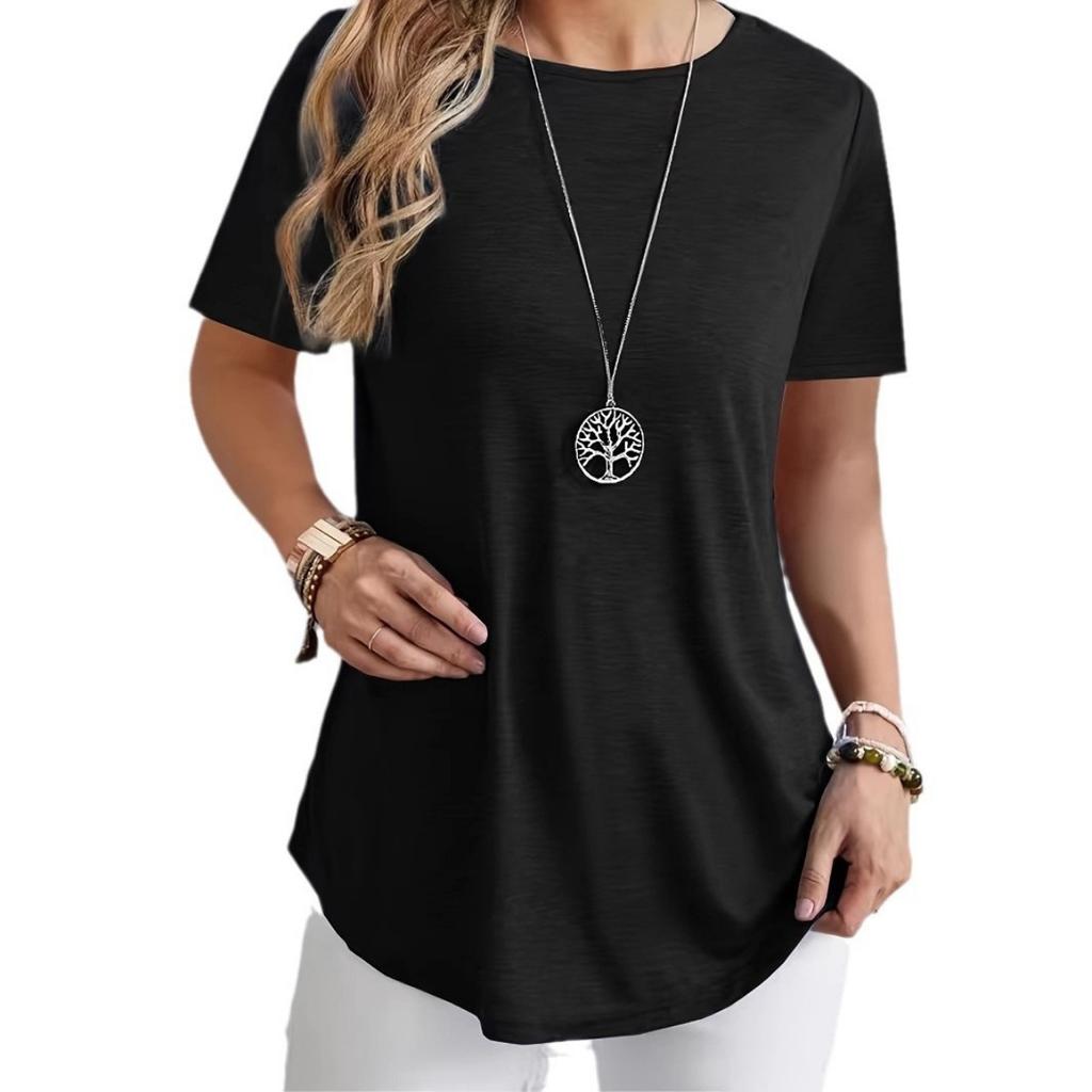 Spring Summer Solid Color T-shirt, Elegant Back Button Design, Casual Top for Women, European American Fashion Casual Wear