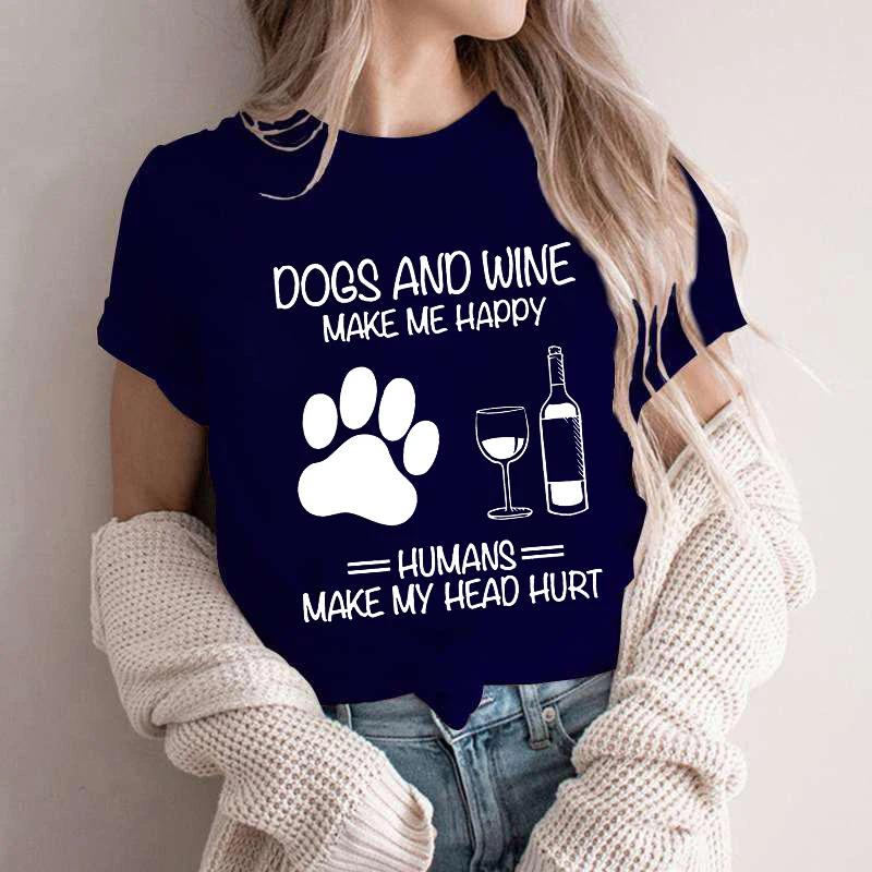 Unisex Dog Mom Print T Shirt Dog Mom Shirt Wine Lover Tshirt Dogs and Wine Shirt Graphic Girls Clothes Causal Female Y2K Tops Tee