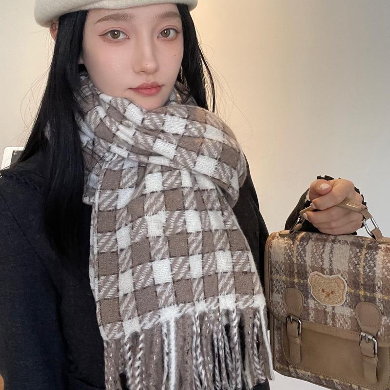 Women's Faux Cashmere Plaid Scarf - Korean Style, Thick & Warm Autumn/Winter Shawl