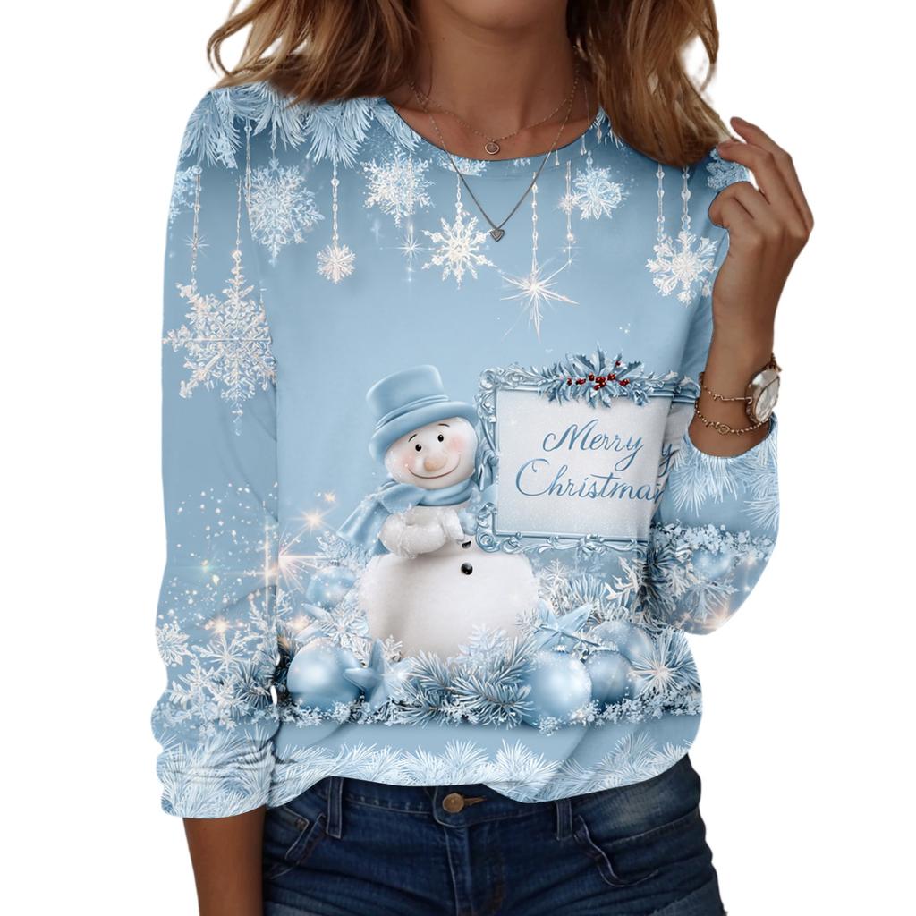 Women's Fashion Christmas Print Neck Long Sleeve Pullover Top for Holiday Wear