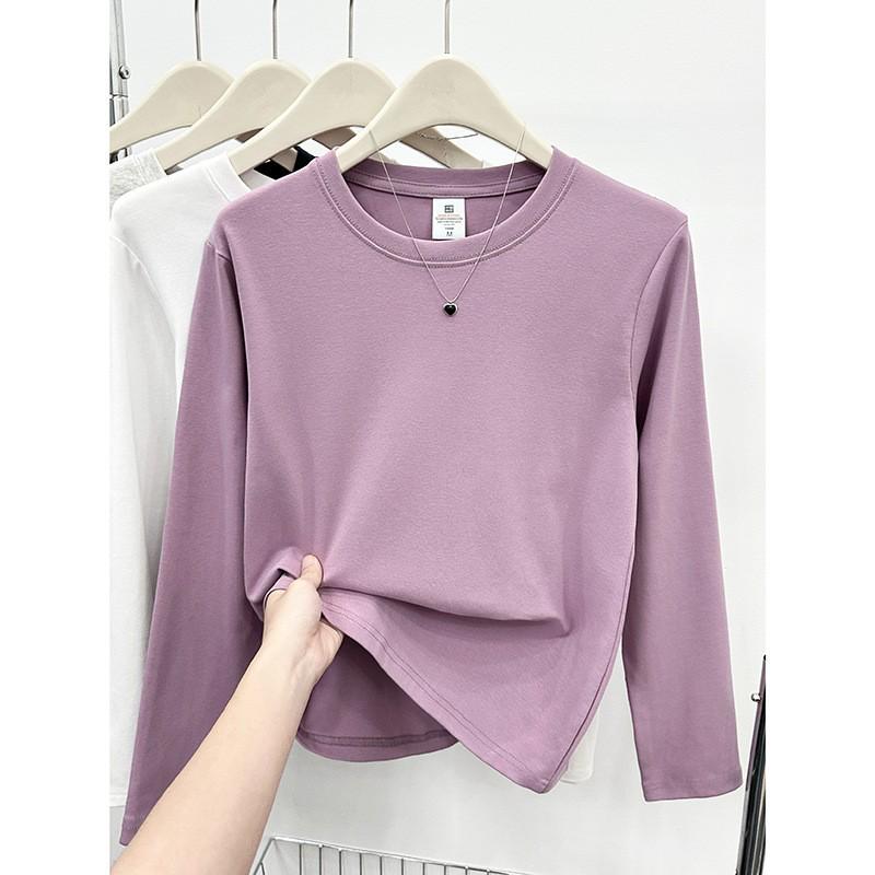 Women's Slim Fit Long Sleeve Plain Cotton T-Shirt - Round Neck, Versatile, Ideal for Spring and Autumn
