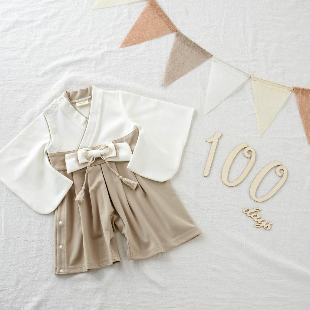 EMOKA Baby Kimono Romper with Hakama (80cm, White/Grey Beige)