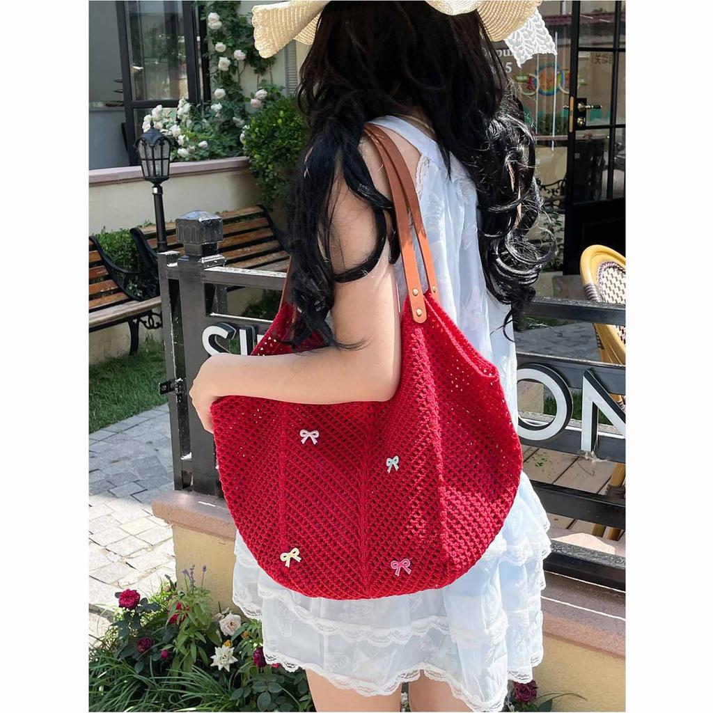 Summer bow knitted woven bag female 2026 new single shoulder shopping bag leisure vacati beach bag tote bag
