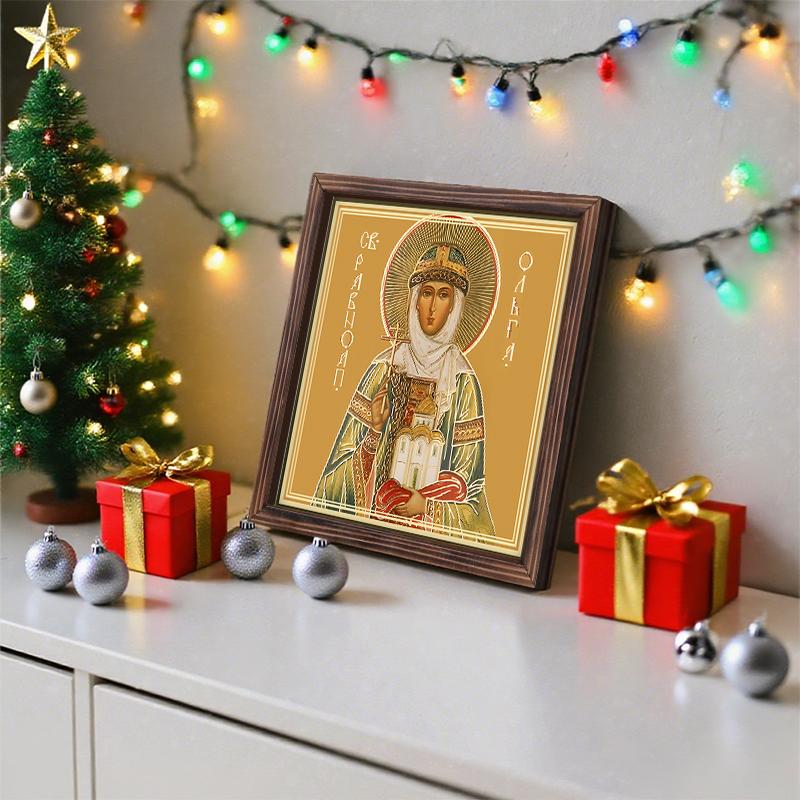 Decorative Painting of Orthodox icons,Consecrated Icon "Saint Olga",Photo Frame painting,Christian Wall Art,20cm*20cm,Spiritual Decor Gift