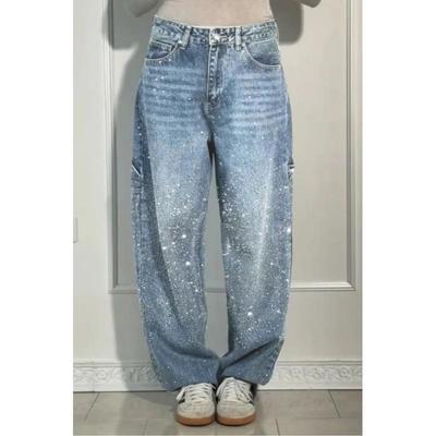 Jeans larghi a gamba larga da donna, primaverili, lucidi, con strass, pantaloni in denim a gamba larga che strascicano, pantaloni lavati vintage, pantaloni casual