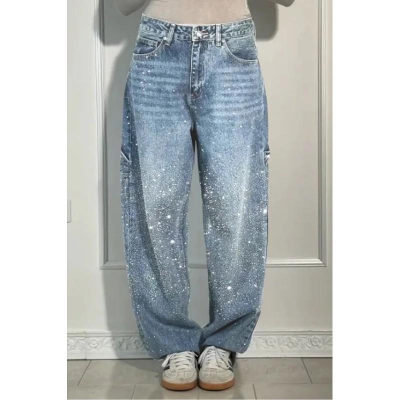 Damskie Jeansy Baggy z Szerokimi Nogawkami na Wiosnę z Błyszczącymi Dżetami Szerokie Nogawki Długie Spodnie Jeansowe Vintage Spodnie Spierane Spodnie Codzienne