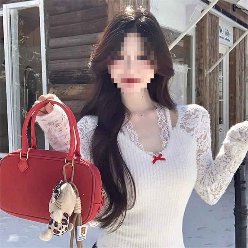 

Women s V-Neck White Lace Patchwork Long Sleeve Bodycon Sweater S