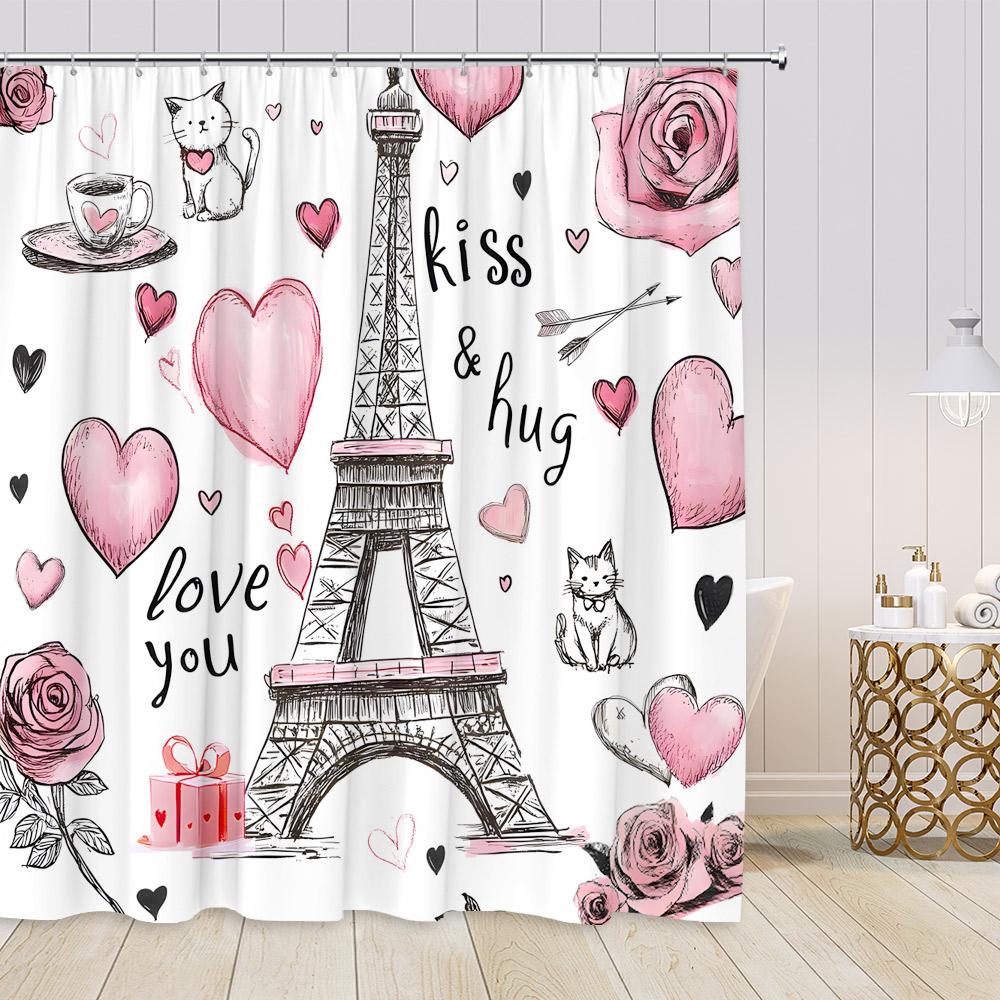 Pink Perfume Shower Curtains Cosmetics High Heels Flowers Black White Stripes Bathroom Decor Girl Fashion Vintage Bath Curtain