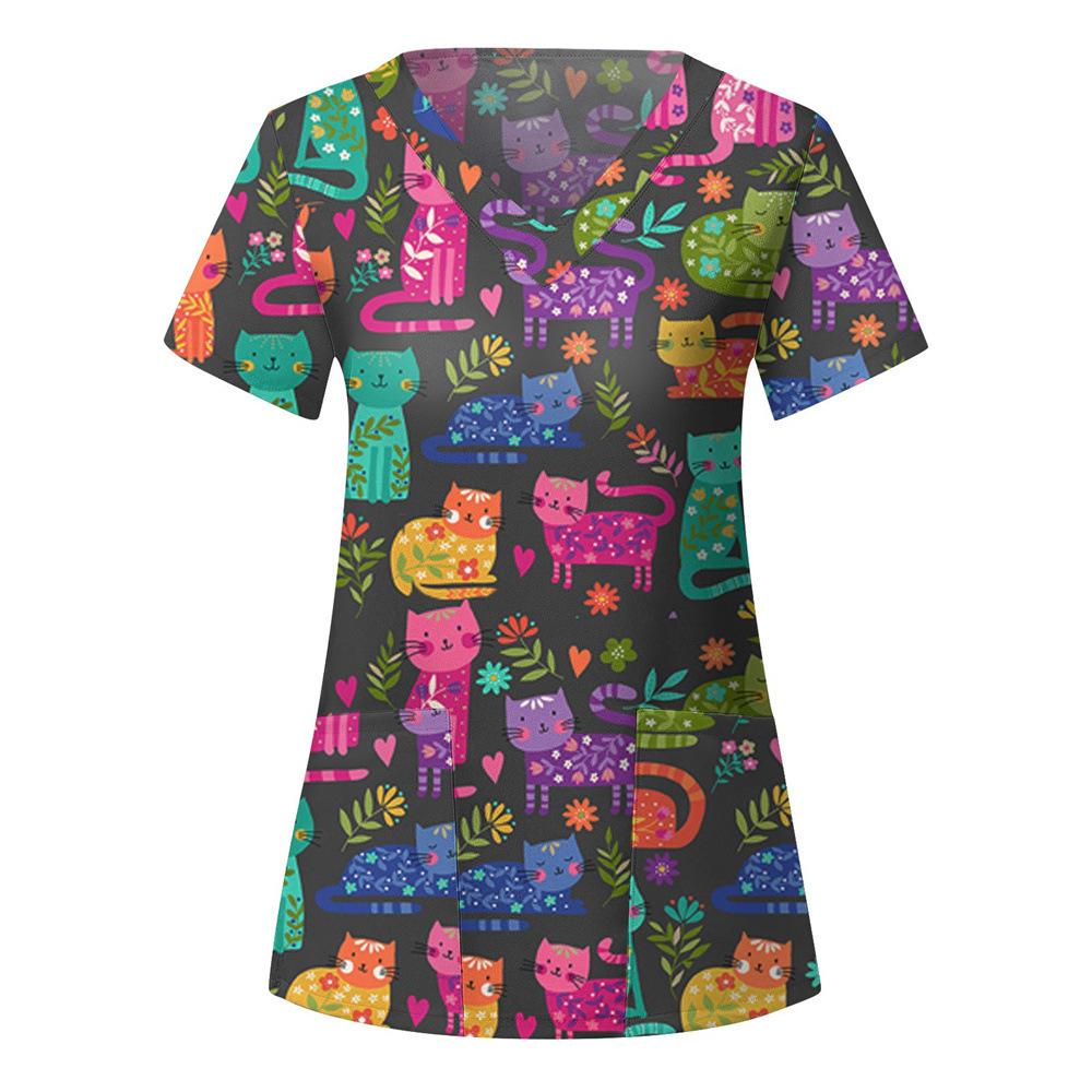 Women's T-shirt V-neck Nurse Uniform Casual and Comfortable Short Sleeved Women's Dreamy Printed T-shirt